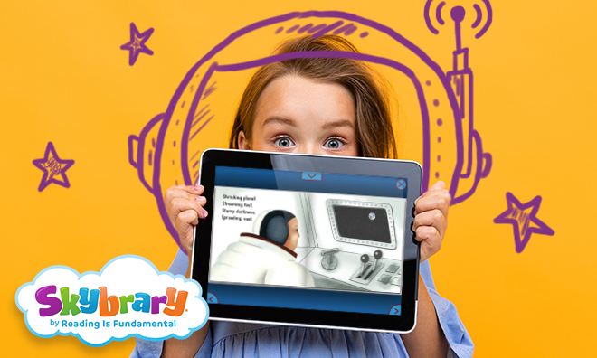A girl holds a tablet with the Skybrary app on it. The book on the tablet's screen is about an astronaut. The girl has a doodle of an astronaut helmet on her head, with small drawn stars around her. The logo for Skybrary is in the bottom left of the image.