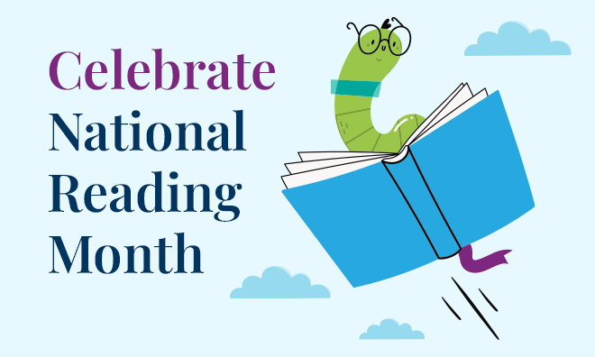 A green worm with glasses sits on a book as it flies through the air. Typography to the left reads: Celebrate National Reading Month