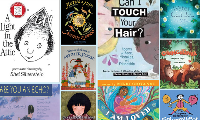 Several poetry book covers, including A Light in the Attic, Can I Touch You Hair? and Water Can Be, are laid out in a grid against a soft blue background.
