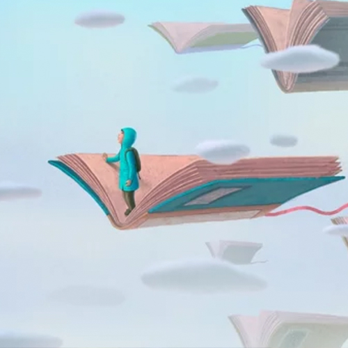Child on flying books