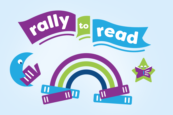 Rally to Read illustration with rainbow and books