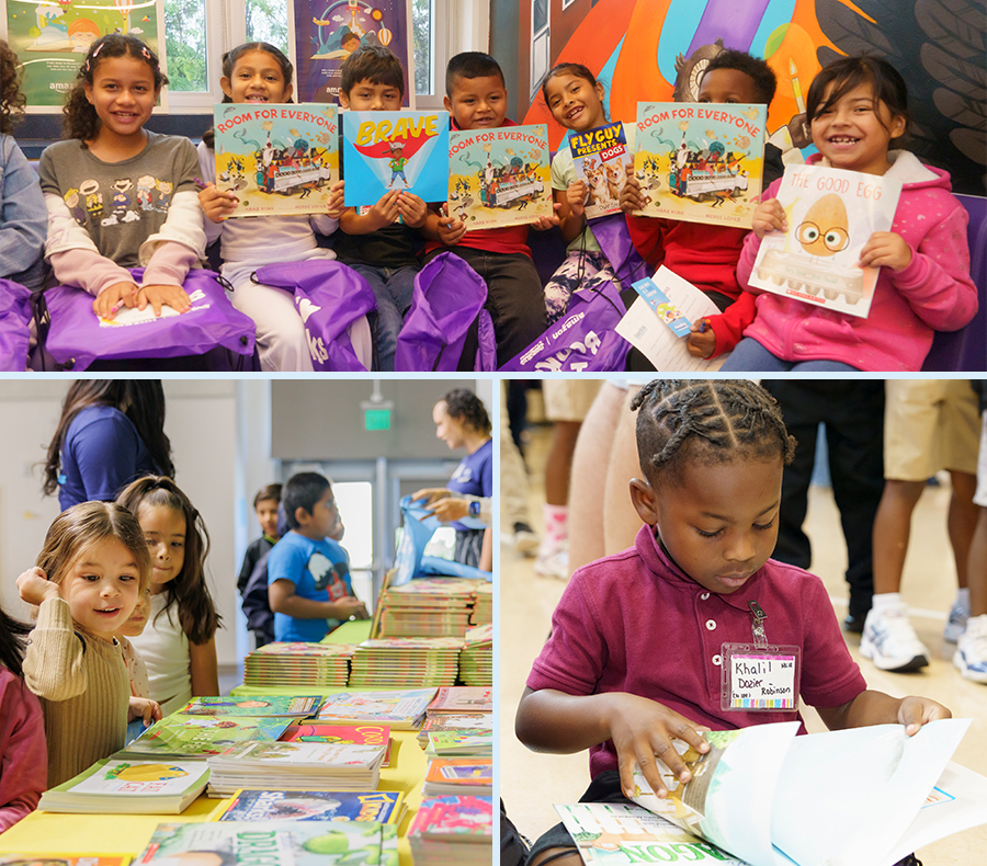 Children showing happy emotions with books