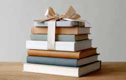 stack of books tied with ribbon