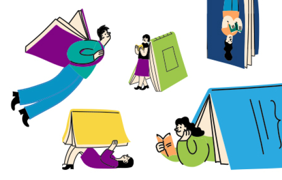 illustration of people reading and laying on books