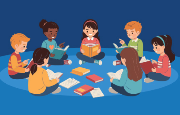 illustration of kids sitting in a circle with books