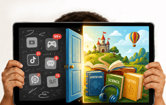 Kid holding up tablet