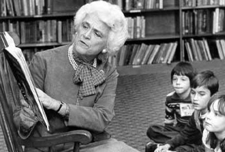 In 1983, Barbara Bush reads to children at Sterling Elementary School in VA.
