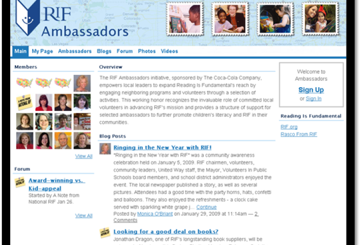 Screenshot of Ambassadors social media network homepage