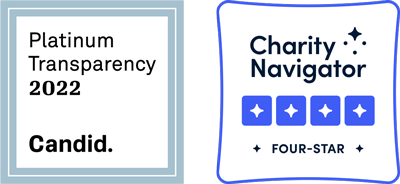 Certified Seal of Candid Platinum Transparency 2022 and Charity Navigator 4 Star Rating Badge.